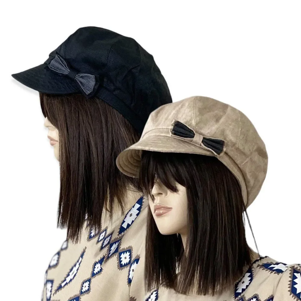 Tan Linen Newsboy Cap with Gingham Bow OS NWT